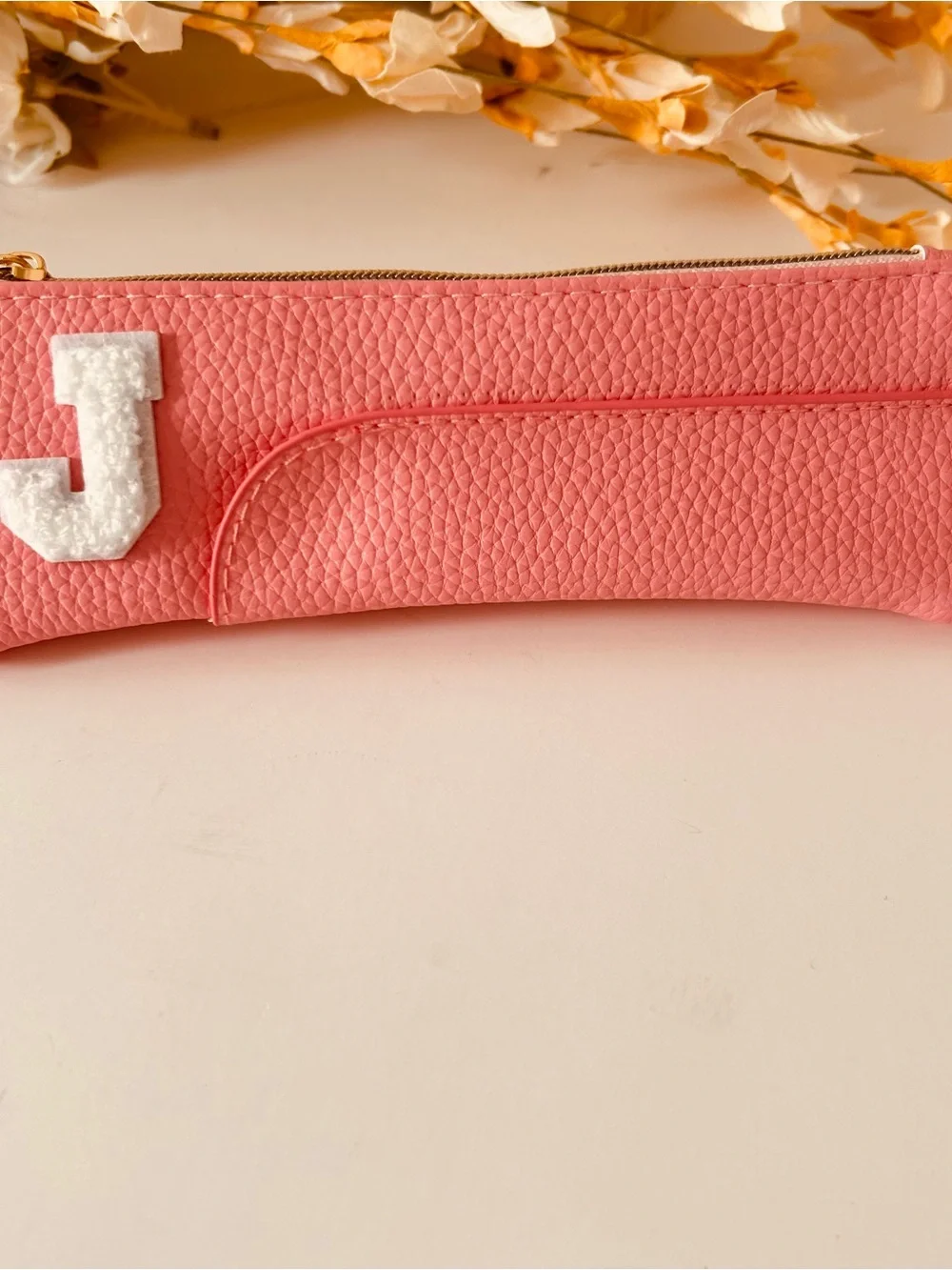 Pencil Case in Pink Faux Leather with White Chenille Varsity Monogrammed